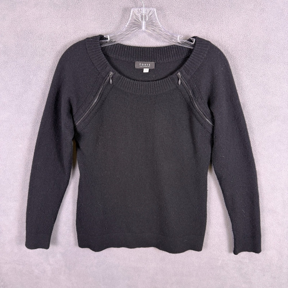 Forte Cashmere Women's Sweater Size S Black Chic Zippers Quiet Luxury Minimalist